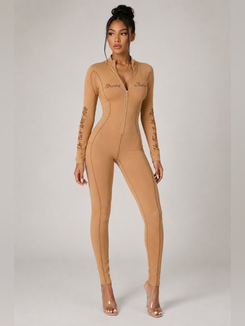 Shane Justin Women's Tan Zip Front One Piece Jumpsuit Catsuit XS